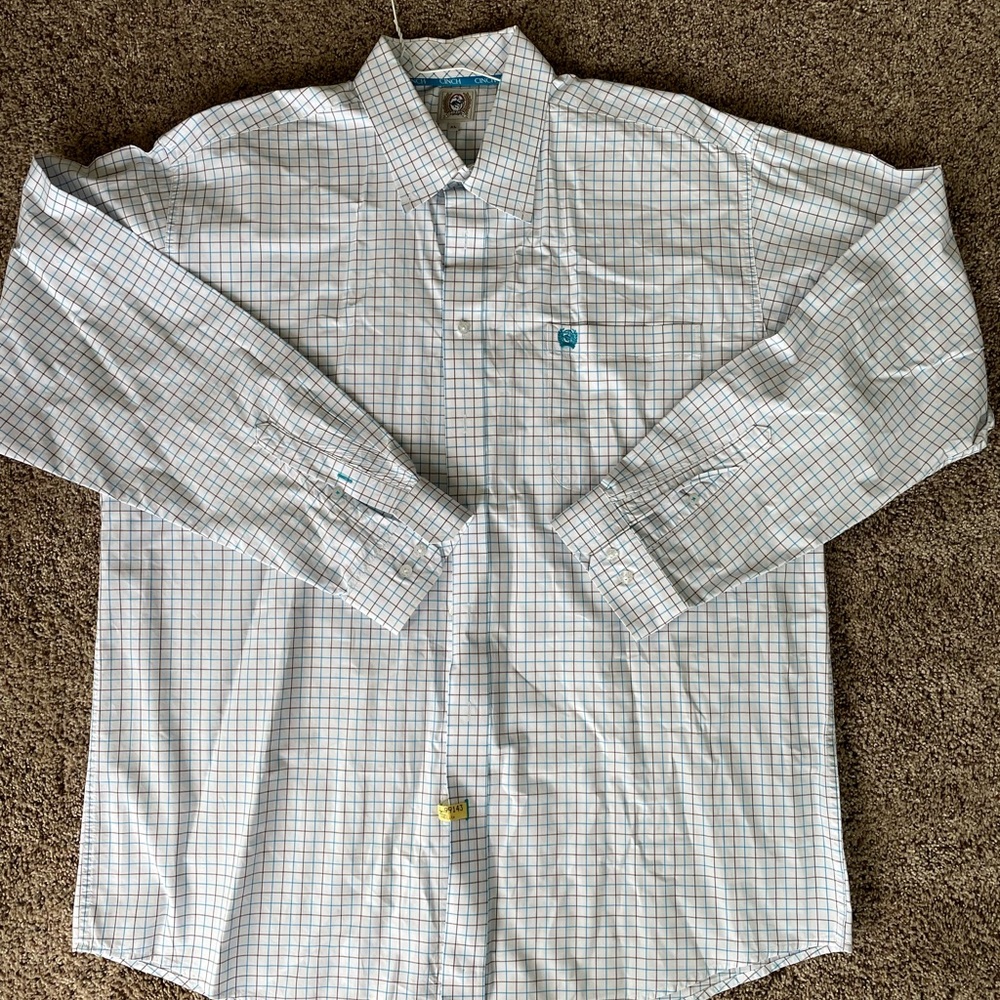 Men’s Cinch Long sleeve teal brown white shirt.  XL